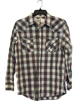 Coastal Mens Western Plaid Button-Up Shirt X-Large Cotton Blend Teal/Orange